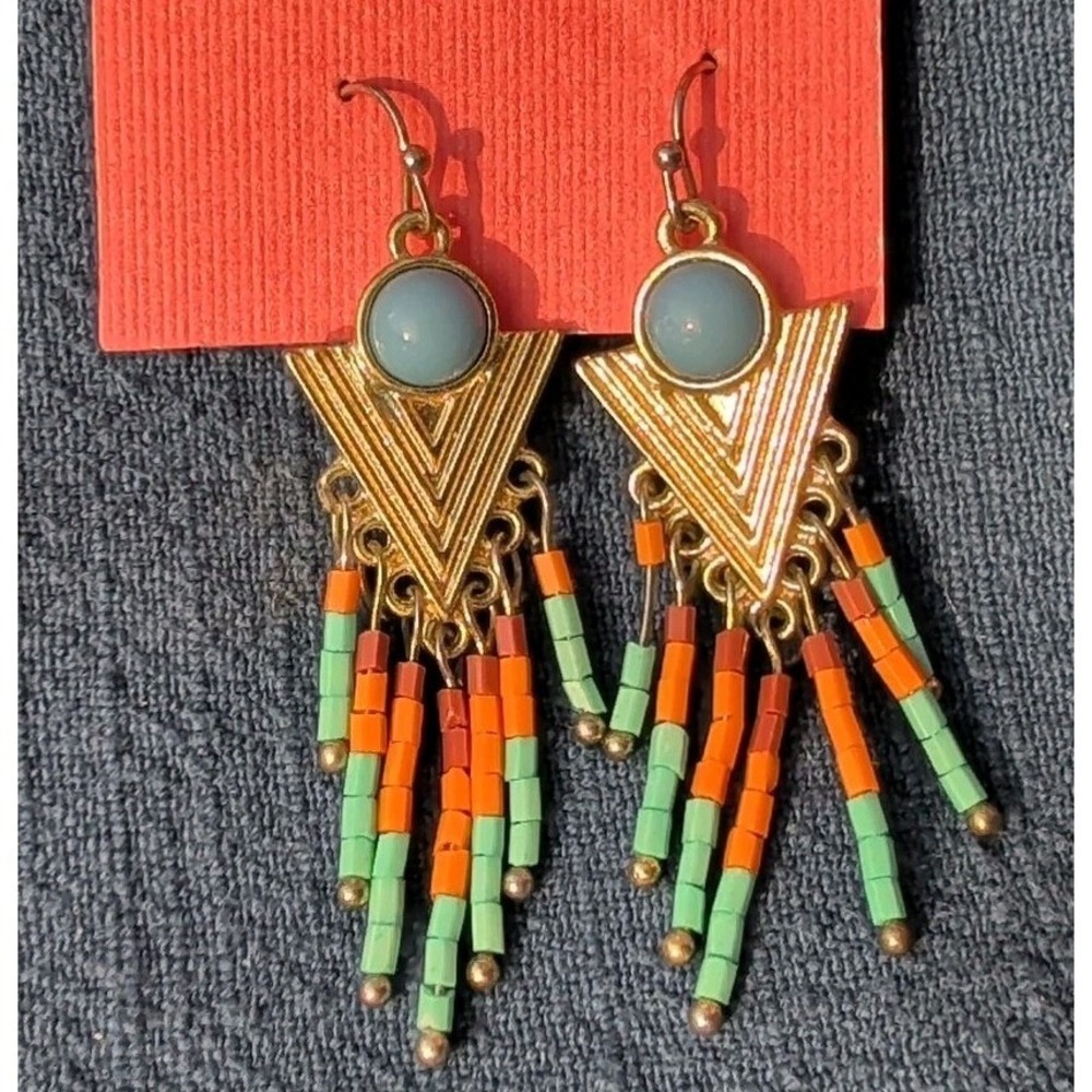 Southwestern Style BEADED Chandelier EARRINGS W/ Gold Tone Base & Faux Turquoise - Picture 2 of 7
